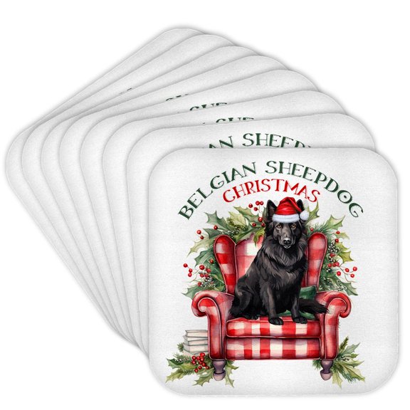 3drose, Black Belgian Sheepdog Waiting for Santa on a Red Chair Christmas, Set of 8 Coasters - Soft