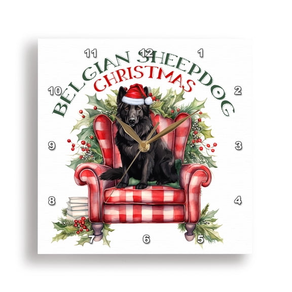 3dRose, Black Belgian Sheepdog in a Red Holiday Chair for Christmas, 15x15 Wall Clock