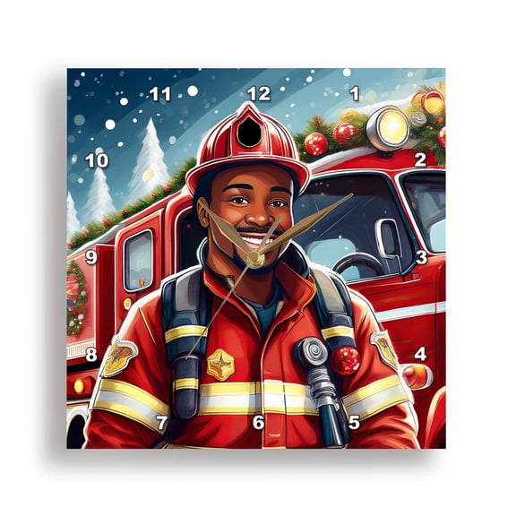 3dRose, Black Firefighter Happy its Christmastime with a Red Fire Engine, 15x15 Wall Clock