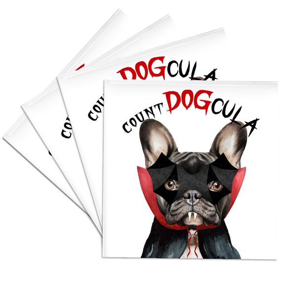 3dRose, Black French Bulldog in a Halloween costume makes a Frenchie vampire, Set of 4 Ceramic Tile Coasters