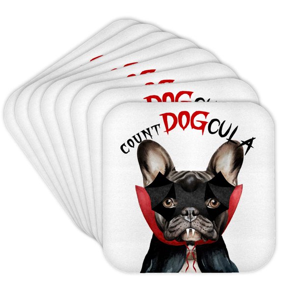 3dRose, Black French Bulldog in a Halloween costume makes a Frenchie vampire, Set of 8 Coasters - Soft