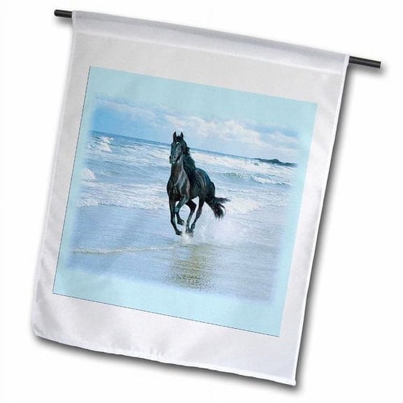 3dRose, Black Horse Racing On Ocean Beach, 12 x 18 inch Garden Flag