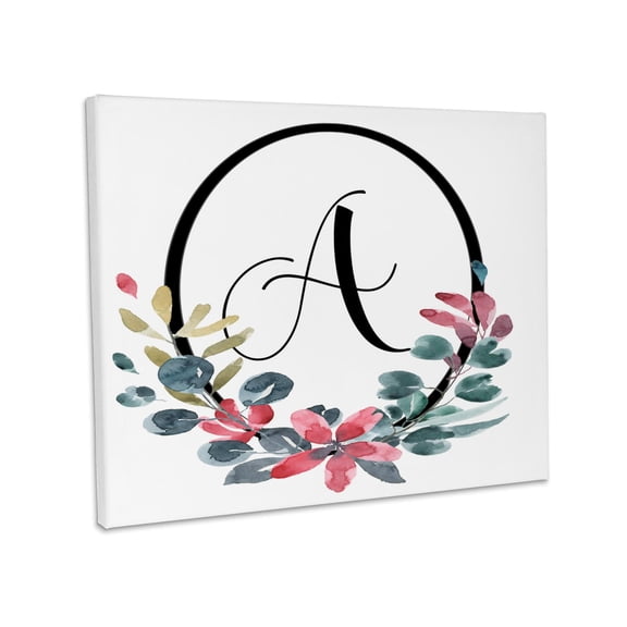 3dRose, Black Oval Frame, Pink and Blue Watercolor Floral, Monogram Initial A, Museum Grade Canvas Wrap 20x16