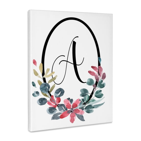 3dRose, Black Oval Frame, Pink and Blue Watercolor Floral, Monogram Initial A, Museum Grade Canvas Wrap 8x10