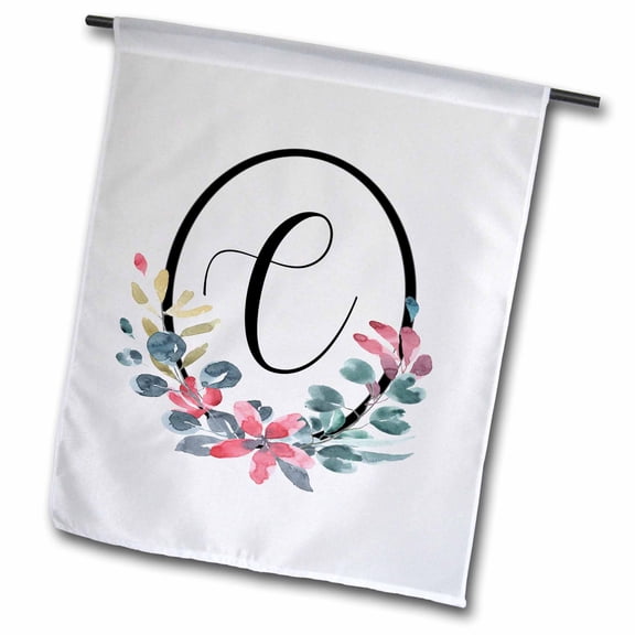 3dRose, Black Oval Frame, Pink and Blue Watercolor Floral Monogram Initial C, 12 x 18 inch Garden Flag