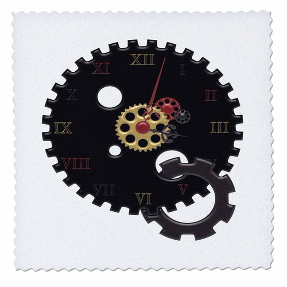 3dRose, Black, Red, and Faux Gold Steampunk Cog Clock Illustration, 8x8 inch quilt square