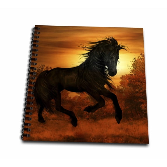 3dRose, Black Wild Horse Running in the Sunset, Memory Book 12 x 12 inch