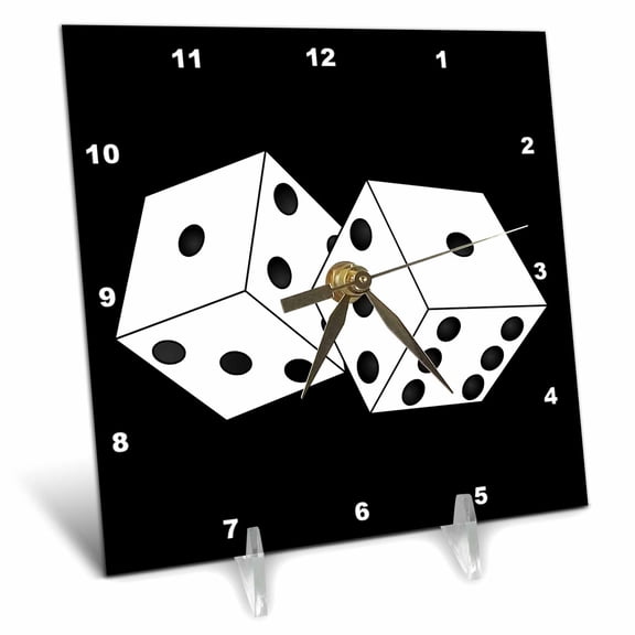 3dRose, Black and White Die - Dice with Black Background, 6x6 Desk Clock