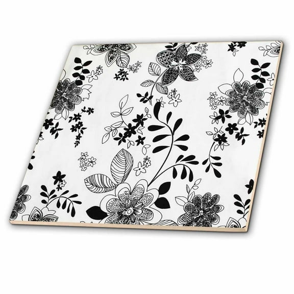 3dRose, Black and White Floral, 4 Inch Ceramic Tile