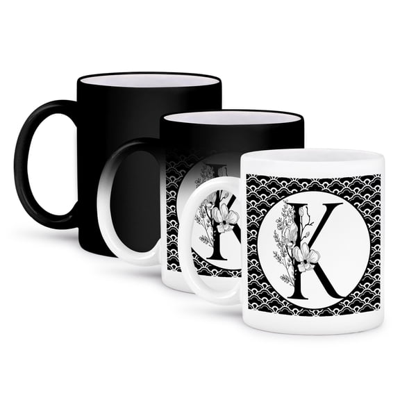 3dRose, Black and White Floral Monogram K On Fancy Scallops, 11oz Magic Transforming Mug