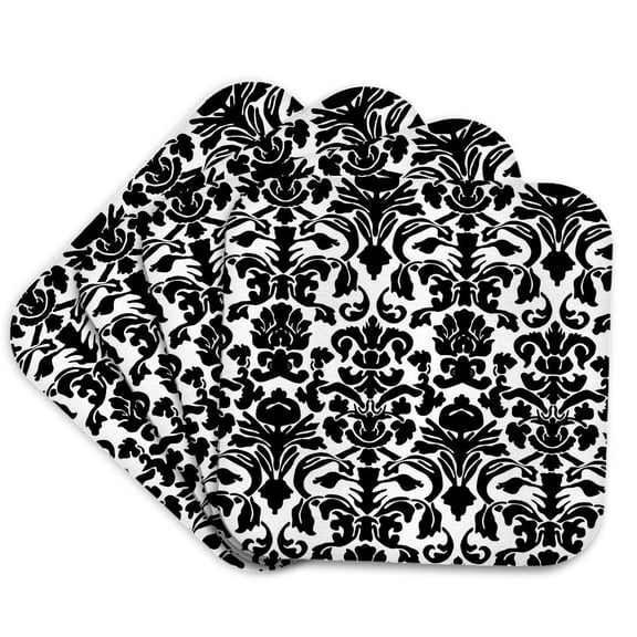 3drose, Black and White Intricate Detailed and Fancy Damask Pattern - Classic Classy Elegant and Stylish, Set of 4 Coasters - Soft