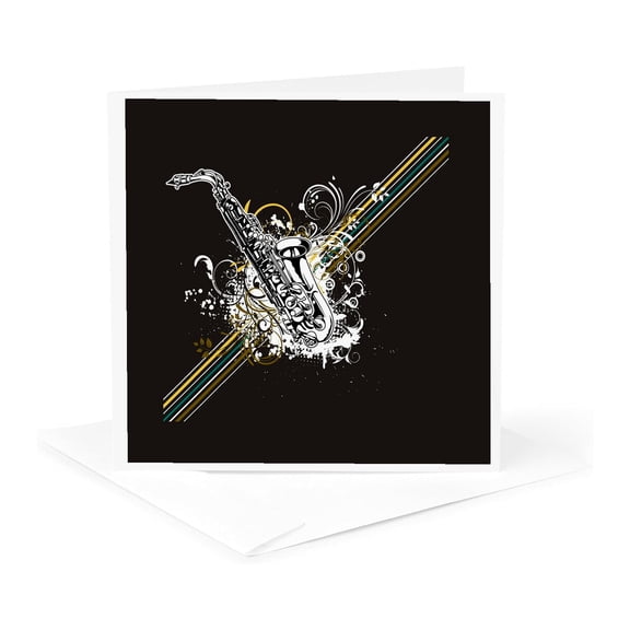 3dRose, Black and White Jazz Sax Saxaphone Music Design Stripes and Modern Pop Art Vector Accents, 1 Greeting Card with envelope