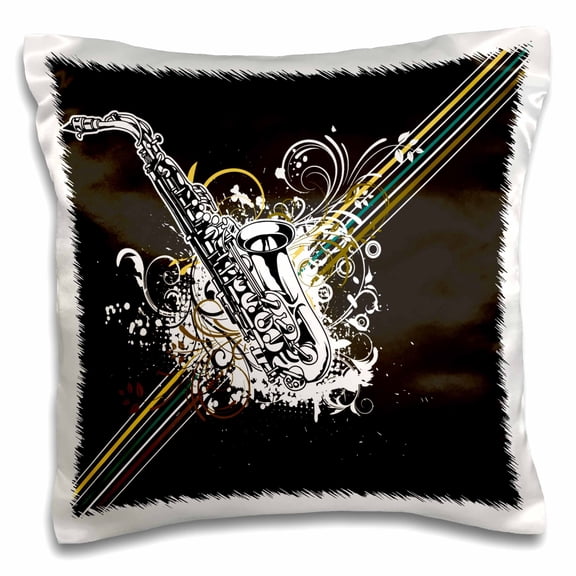 3dRose, Black and White Jazz Sax Saxaphone Music Design Stripes and Modern Pop Art Vector Accents, 16x16 inch Pillow Case