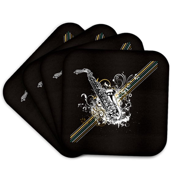 3dRose, Black and White Jazz Sax Saxaphone Music Design Stripes and Modern Pop Art Vector Accents, Set of 4 Coasters - Soft