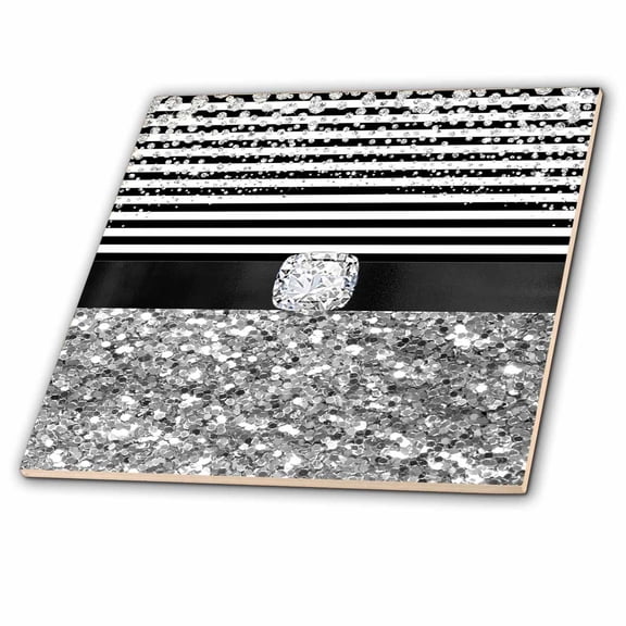 3dRose, Black and White Stripes Digital Diamond, Silver Glitter Design, 6 Inch Ceramic Tile