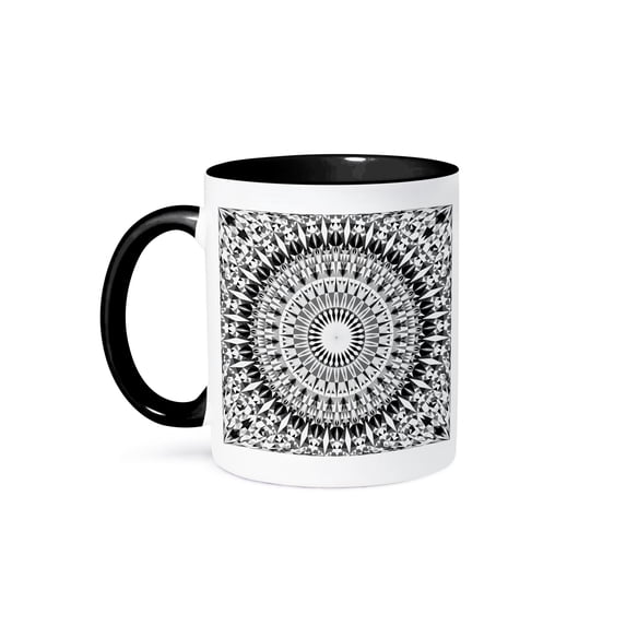 3dRose, Black and White Triangle Mandala - round polygonal design, 11oz Two-Tone Black Mug