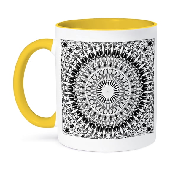 3dRose, Black and White Triangle Mandala - round polygonal design, 15oz Two-Tone Yellow Mug