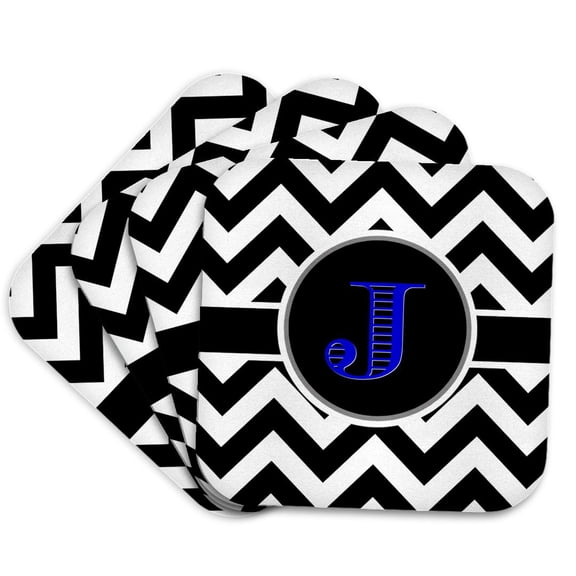 3drose, Black and White Chevron Monogram Blue Initial J, Set of 4 Coasters - Soft