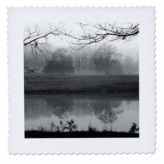 3dRose, Black and white photo of trees reflecting in the water on a foggy day., 12x12 inch quilt square