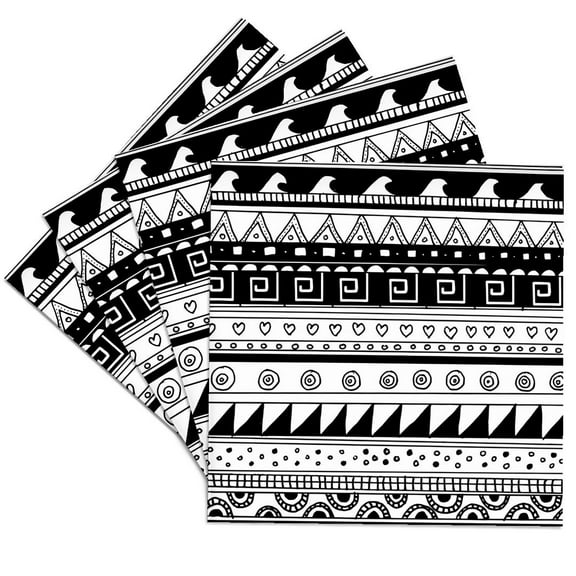 3dRose, Black and white tribal pattern - modern abstract aztec patterns - stylish contemporary shapes rows, Set of 4 Ceramic Tile Coasters