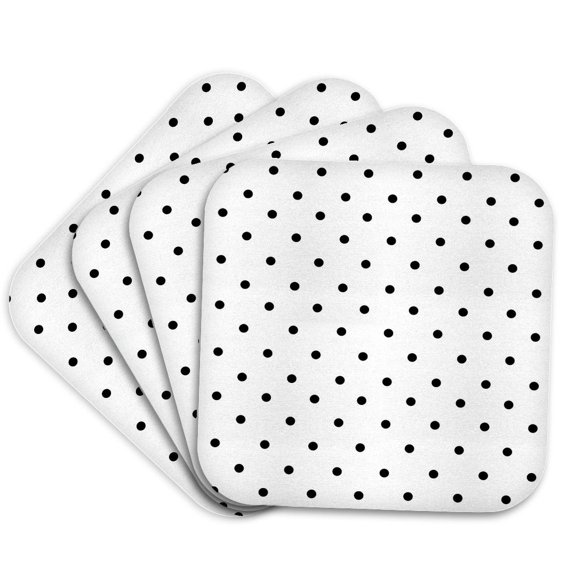 3dRose, Black polka dot pattern on white - small dots - retro dotty spotty spots - stylish cute 50s classic, Set of 4 Coasters - Soft
