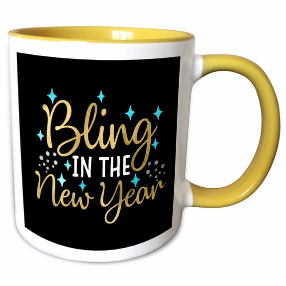 3drose, Bling in the New Year Gold Colored Text on Black with Aqua Accents, 11oz Two-tone Yellow Mug
