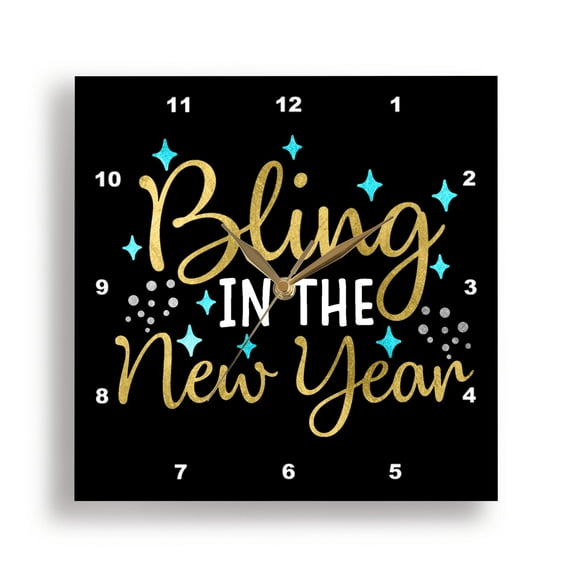 3dRose, Bling in the New Year Gold Colored Text on Black with Aqua Accents, 15x15 Wall Clock