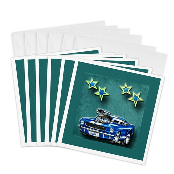 3dRose, Blown Mustang vintage race car with stars for the classic car lover, 6 Greeting Cards with envelopes