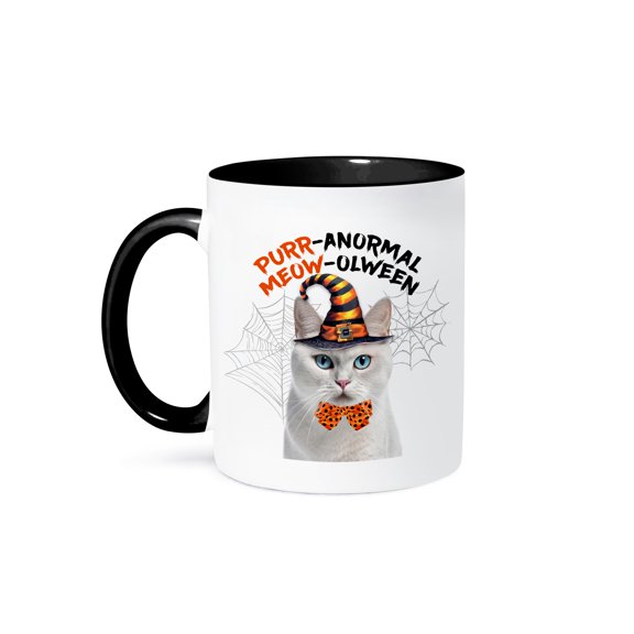 3dRose, Blue Eyed White Cat dressed in a wizard costume for Halloween, 15oz Two-Tone Black Mug