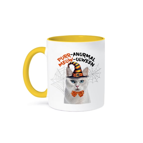 3dRose, Blue Eyed White Cat dressed in a wizard costume for Halloween, 15oz Two-Tone Yellow Mug