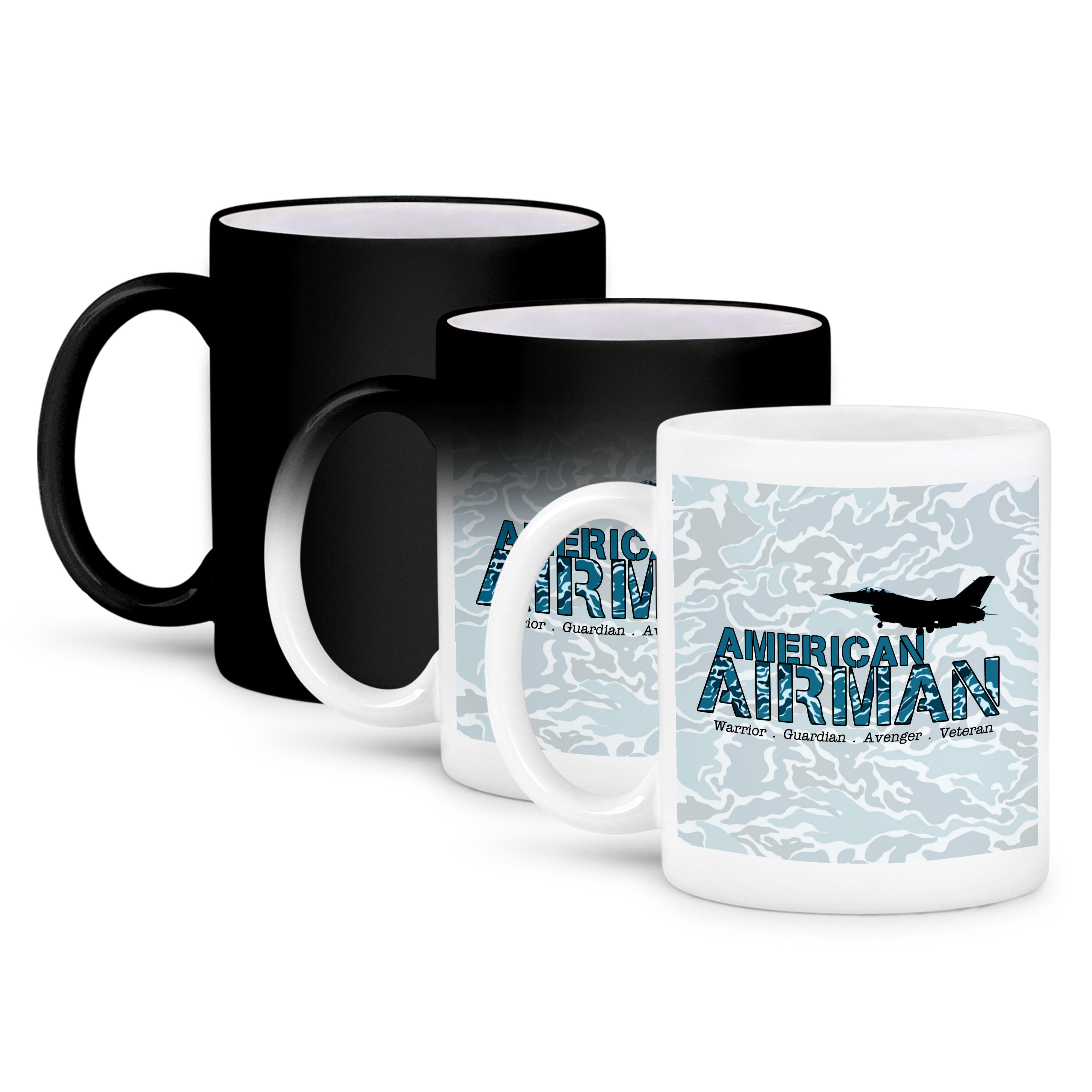 3dRose, Blue Faux Camouflage Air Force Fighter Jet and Airman Text, 11oz Magic Transforming Mug