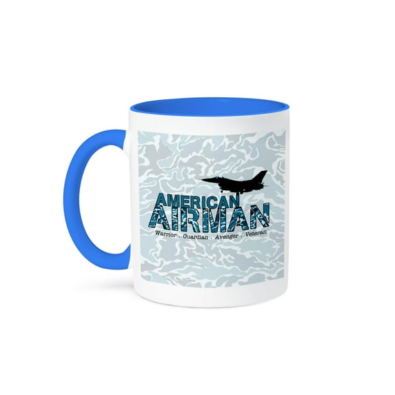 3dRose, Blue Faux Camouflage Air Force Fighter Jet and Airman Text, 11oz Two-Tone Blue Mug