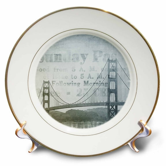 3dRose, Blue Grey Illustration Of Golden Gate Bridge San Francisco, 8 inch Porcelain Plate