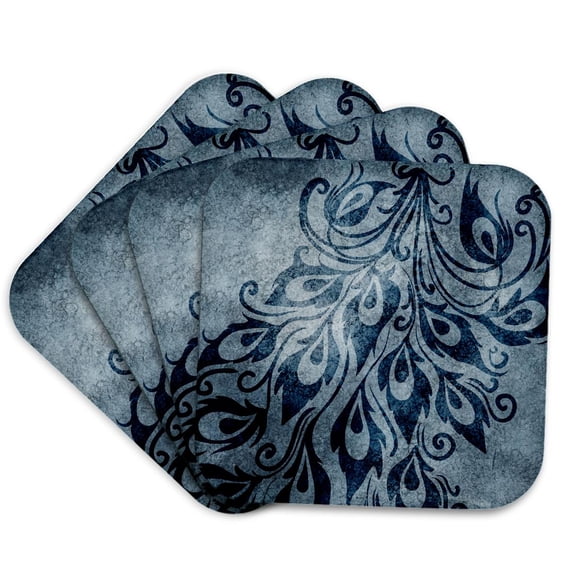 3drose, Blue Grunge Peacock Feathers Art, Set of 4 Coasters - Soft