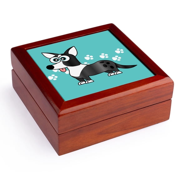 3dRose, Blue Merle Cardigan Corgi with Paw Prints, Jewelry Box 5.5x5.5 inch with 4 inch tile