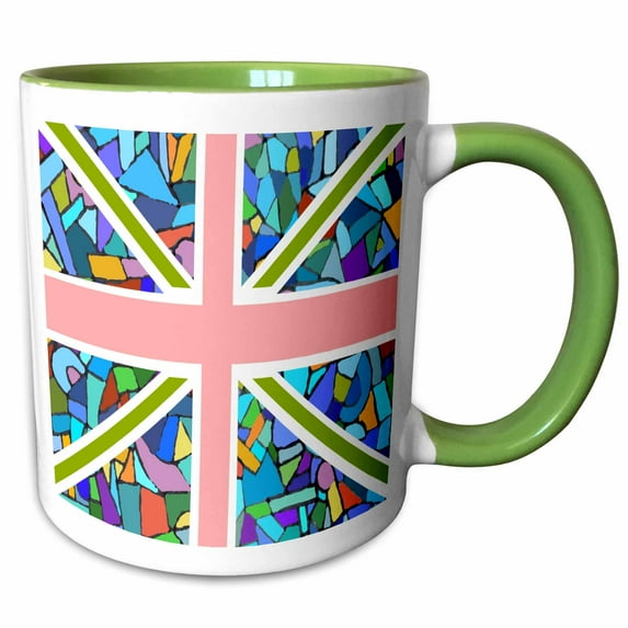 3drose, Blue Mosaic Union Jack English Flag - Great Britain United Kingdom England Patriotic Design, 11oz Two-tone Green Mug