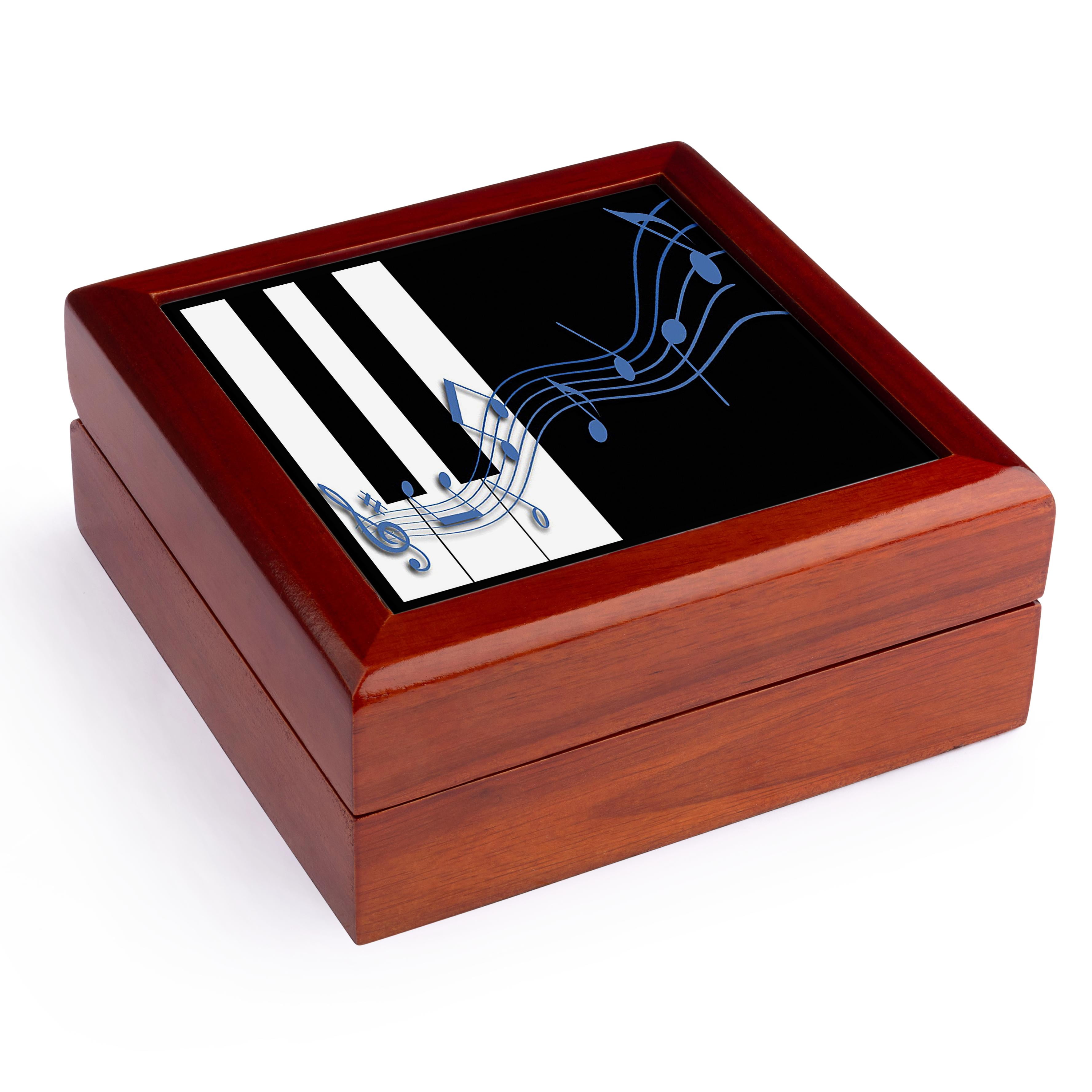 3dRose, Blue Music Notes on Piano Keys, Jewelry Box 5.5x5.5 inch with 4 inch tile