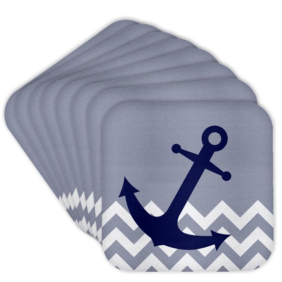 3dRose, Blue Nautical Boat Anchor on Chevron Pattern, Set of 8 Coasters - Soft