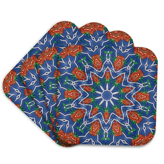 3drose, Blue-red Floral Mandala, Set of 4 Coasters - Soft