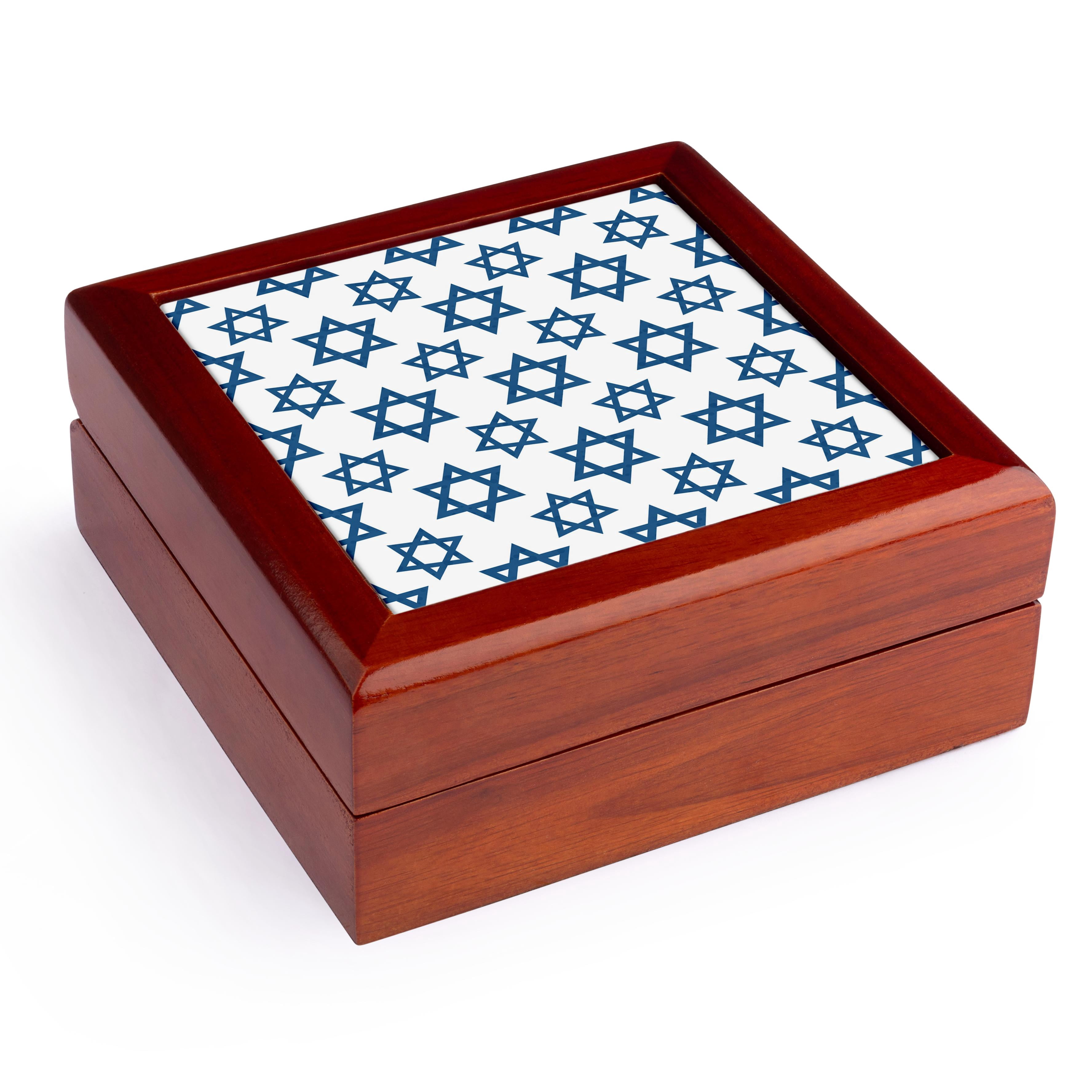 3dRose, Blue Star of David Pattern, Jewelry Box 5.5x5.5 inch with 4 inch tile