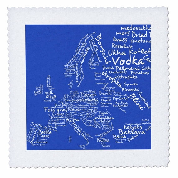 3dRose, Blue Typography Food Map of Europe made from words of world foods unique to those countries, 12x12 inch quilt square