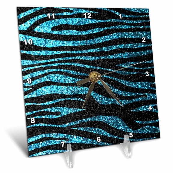 3dRose, Blue and Black Zebra print - faux bling photo - not actual glitter - teal turquoise sparkly sparkles, 6x6 Desk Clock