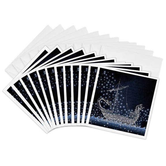 3drose, Blue and Image of Silver Viking Boat and Stars Design, 12 Greeting Cards with Envelopes