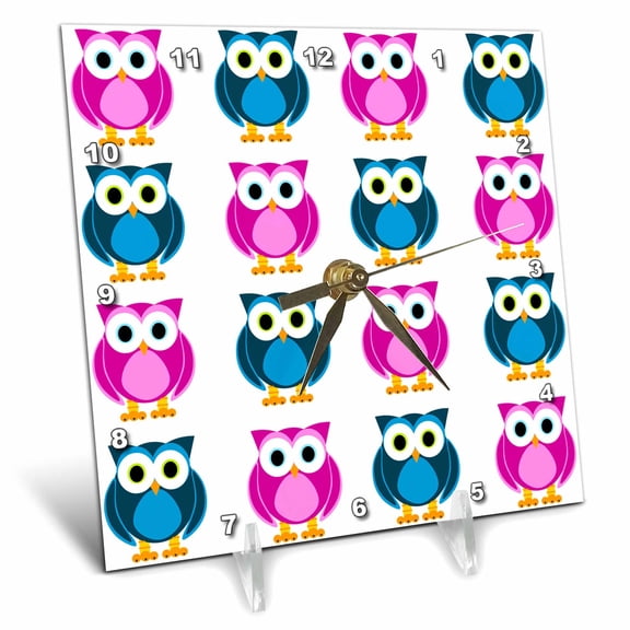 3dRose, Blue and Pink Owls Print, 6x6 Desk Clock