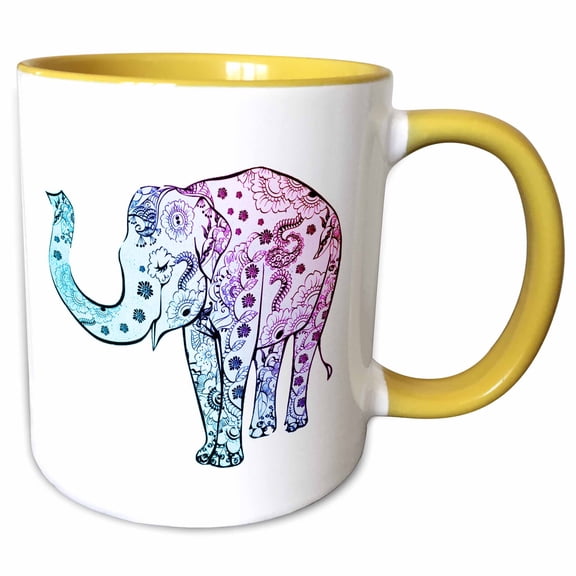 3drose, Blue and Purple Elephant on White Background, 15oz Two-tone Yellow Mug