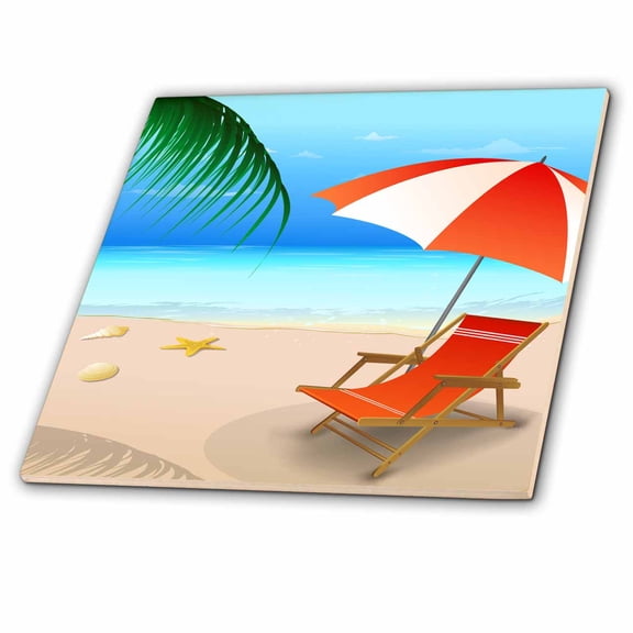 3dRose, Blue and Sandy Beach Scene With Beach Lounger and Umbrella In Orange and White, 12 Inch Ceramic Tile