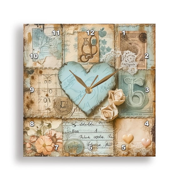 3dRose, Blue and Sepia Junk Journal Background, 15x15 Wall Clock