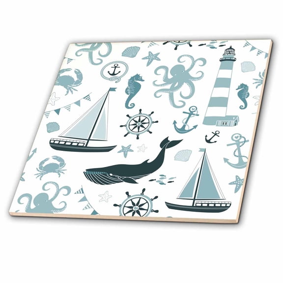3dRose, Blue and White Nautical Theme Octopus, Boat, Anchor, 4 Inch Ceramic Tile