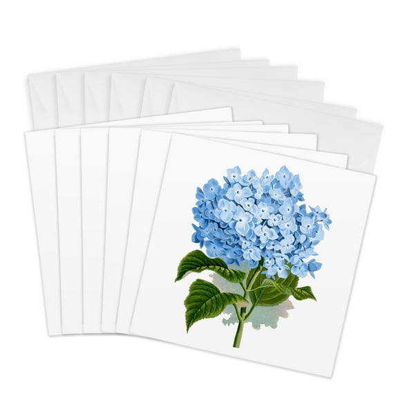 3dRose, Blue hydrangea flowers vintage art - floral drawing - summery - flowery spring - antique image, 6 Greeting Cards with envelopes