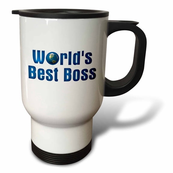 3dRose, Blue text Worlds Best Boss with globe on white background, 14oz Stainless Steel Travel Mug
